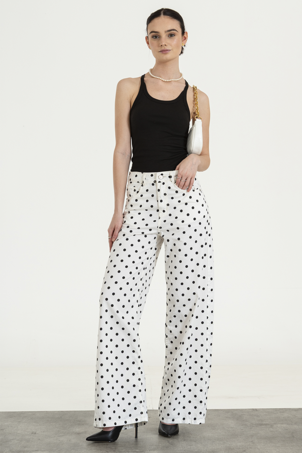 POKA - WIDE LEG RIGIDO ESTAMPADO LUNARES TIRON ALTO TALLES 34 AL 42 ISOSTASIA