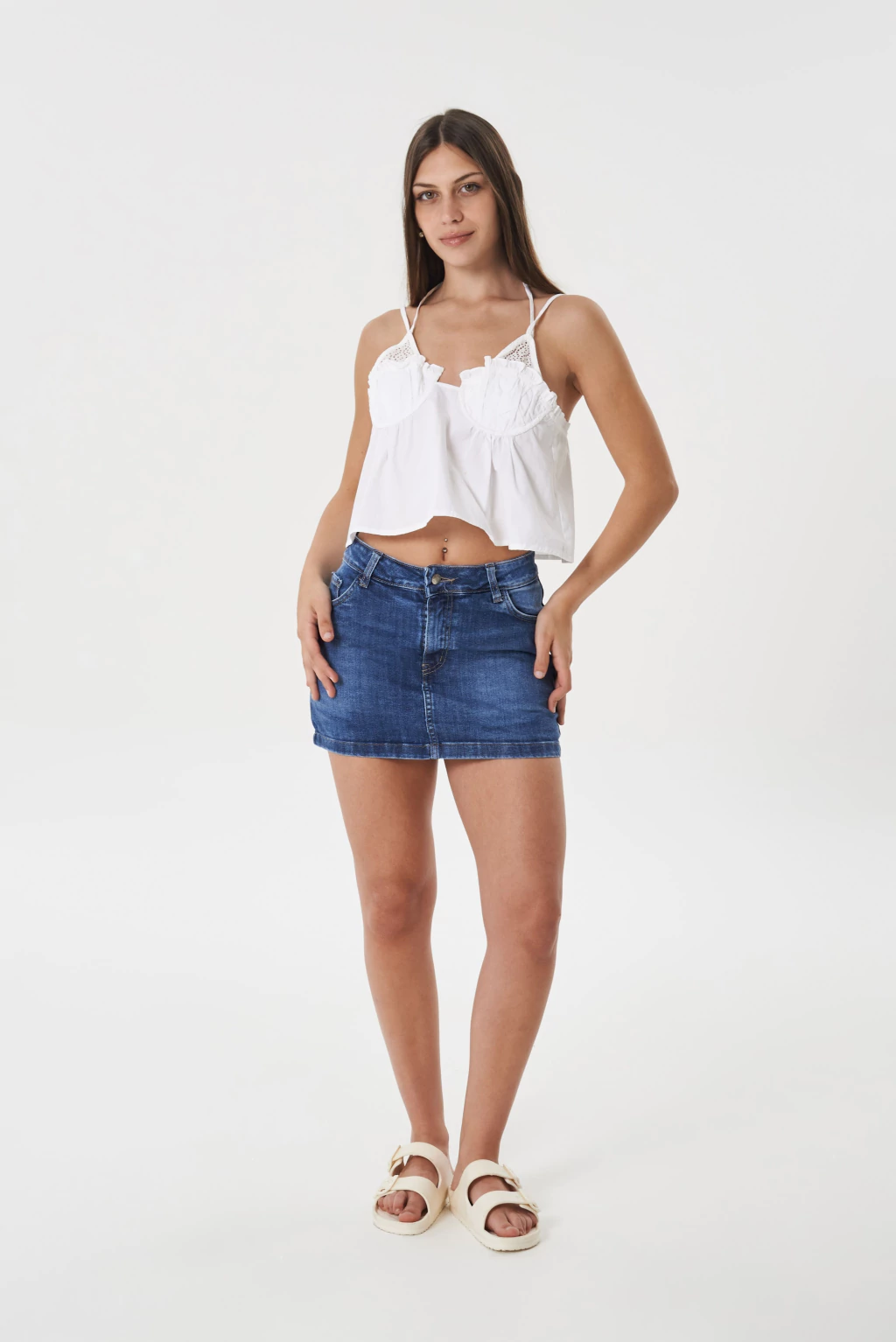 CHAPEL- SHORT POLLERA DENIM COMFORT AZUL TIRO ALTO TALLE 36 AL 46 STRIVEN