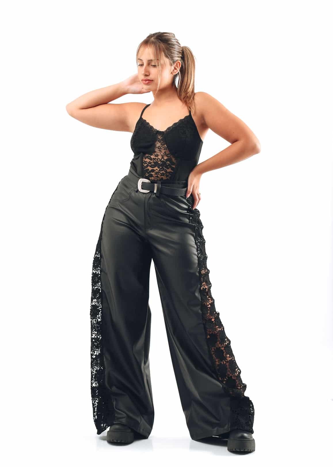 6516-PANTALON ENGOMADO CON ENCAJE NEGRO TALLES L AL XXXL