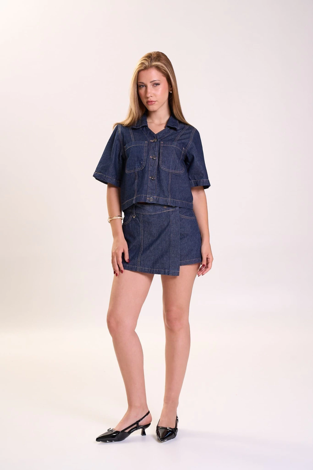 OREN- SHORT POLLERA DENIM AZUL RIGIDA BORDADO SOLAPA TIRO ALTO TALLES 38 AL 48 STRIVEN