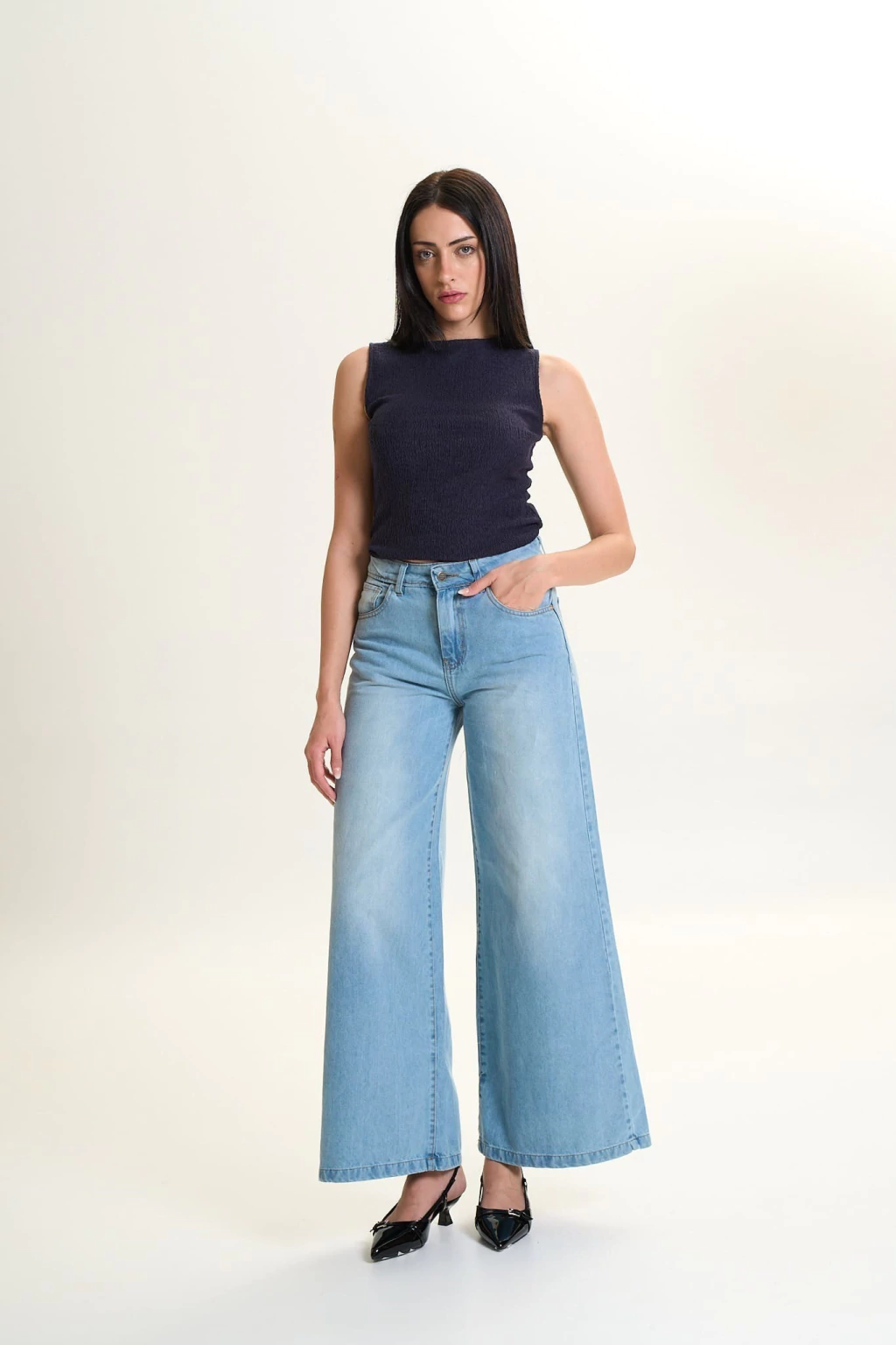 KIMONO-PALAZZO CELESTE RIGIDO TIRO ALTO TALLES 36 AL 46 STRIVEN